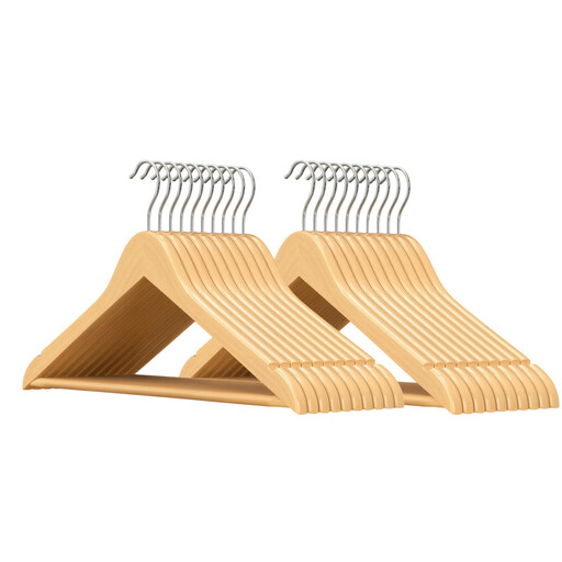 A set of natural wood clothes hangers with silver hooks