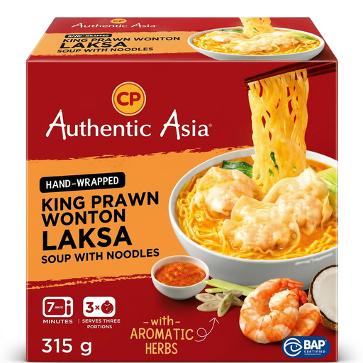 King prawn wonton noodle laksa soup with three minced-prawn wontons