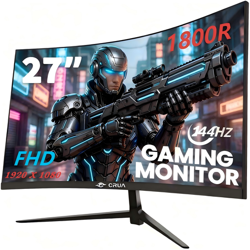 CRUA 27" Curved Gaming Monitor | FHD 1920x1080p 144Hz 1800R VA Screen, 120% sRGB, AMD FreeSync, HDMI & DP, Wall Mount Installation – Black