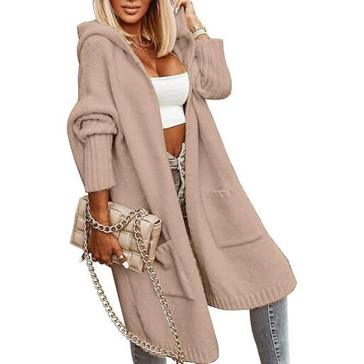 Women's Long Cardigans Cable Knitted Open Front Oversized Hooded Outerwear Sweater Coat in apricot