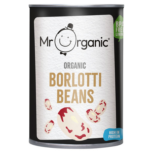 A can of Mr Organic Organic Borlotti Beans
