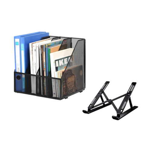 [Desk Essentials Bundle] Senhoglb Desktop Metal A4 Magazine File Holder + JORDAN&JUDY 18-Inch Black Aluminum Laptop Stand