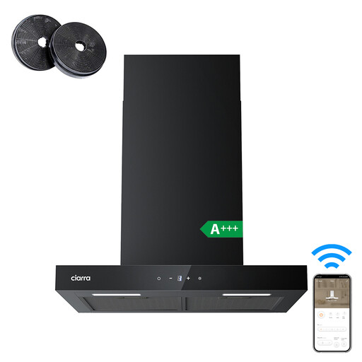 Ciarra Recirculation 60 cm Extractor Hood, Wi-Fi & App Touch Control, 650 m?/h, Wall-Mount, 4-Speed with Booster, Black Aluminium Filters, Energy Class A+++