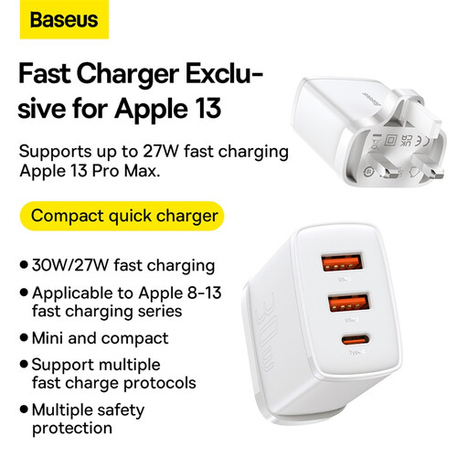 Baseus Quick Charger 2U+C 30W, 3-Port UK Travel Adapter