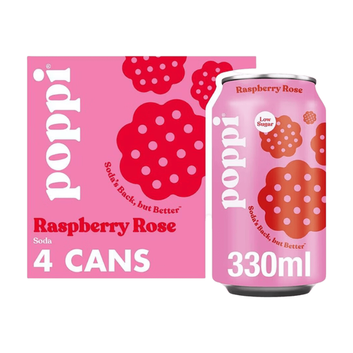 Poppi Raspberry and Rose, four 330ml cans