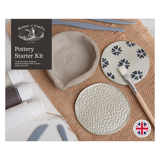 House of Crafts Pottery Starter Kit featuring air dry clay, tools, and paints