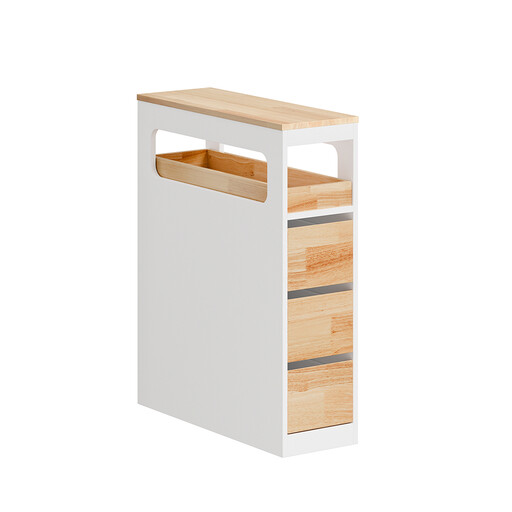 SoBuy Slim Bathroom Storage Cabinet with Wheels, 3 Drawers – Narrow Freestanding Bathroom Storage Unit in Wood, White+Nature, 65x23x82cm