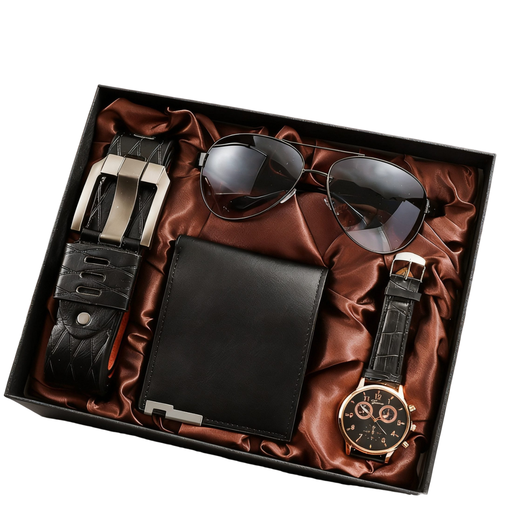 Wallet 4-piece set with men's watch, belt, glasses