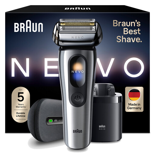 Braun NEVO Men’s Electric Shaver With AeroTouch Technology For A No Compromise Shave. Smart Display. Includes Care 7in1 System, Charging Travel Case, NEVO17000C, Silver