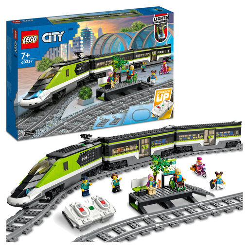 LEGO City 60337 Express Passenger Train set with locomotive, two carriages, and platform