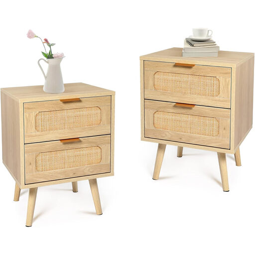GRAVFORCE Bedside Table Set of 2 with Rattan Drawers