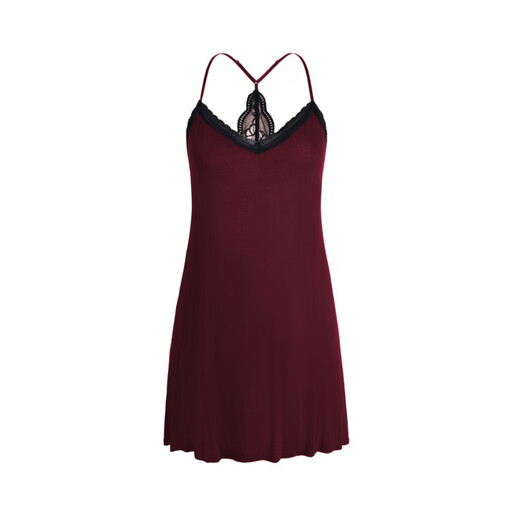 IZURIA collar narrow lace and wide lace back v-neck wine red suspender dress