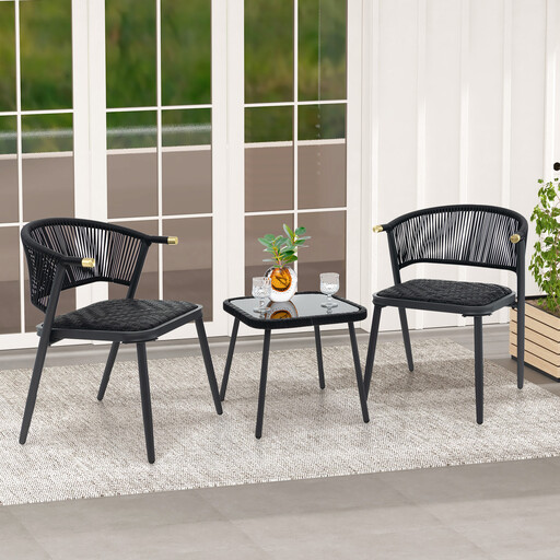 Costway 3 Piece Outdoor Wicker Furniture Set with Tempered Glass Coffee Table