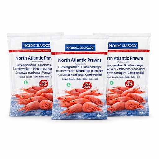 Nordic Seafood MSC North Atlantic Prawns shell-on cooked Pandalus (net 800g) – 3 x 1 kg