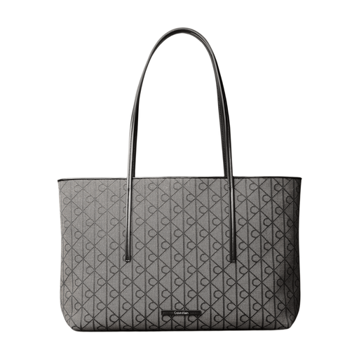 Calvin Klein Emblem Logo Jacquard Tote Bag with Pouch - Lotus Beige/Black Aop Jacquard