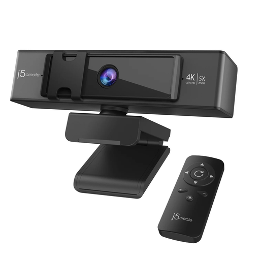 j5create JVCU435 USB 4K Ultra HD Webcam with 5x Digital Zoom Remote Control, Black and Silver