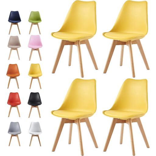 A set of four yellow Scandinavian-style dining chairs with wooden legs and padded seats.