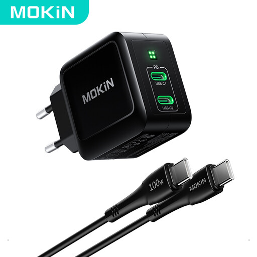 PD67W GaN Dual USB-C Charger (EU), Black, with 1.2m USB-C Cable