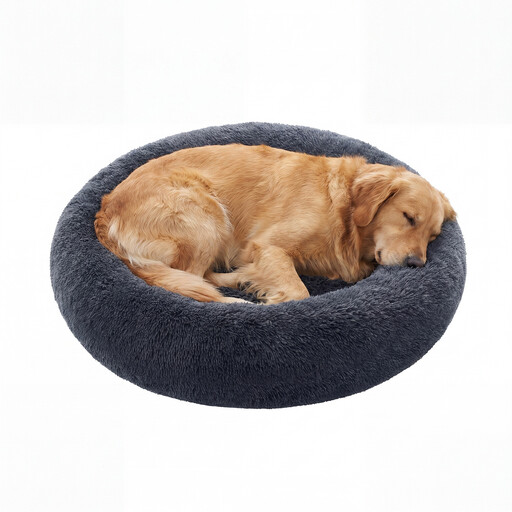 Ochama Fluffy Calming Donut Dog Bed with Removable, 140 x 140 x 20 cm, Washable Cover, Dark Gray