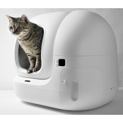 A white and grey, modern-looking automatic self-cleaning cat litter box.
