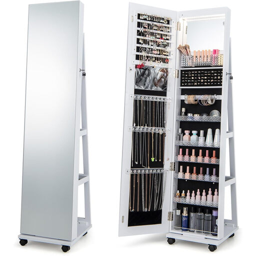 Costway Lockable Jewelry Cabinet Armoire with Built-in Makeup Mirror and 3-Color LED Lights-White
