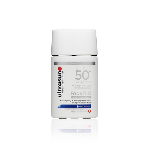 Ultrasun Face Fluid Anti Pigmentation SPF50+ in a white and orange bottle