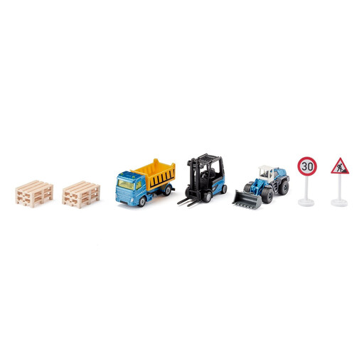 Coffret cadeau chantier Siku - Camion, chariot élévateur, chargeuse sur pneus, 6 palettes, 2 panneaux de signalisation, multicolore, 29,6 cm