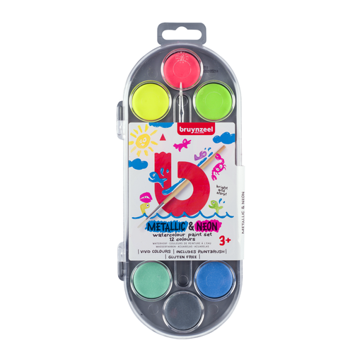 Bruynzeel Kids Watercolour Set 12 Metallic and Fluorescent Colours