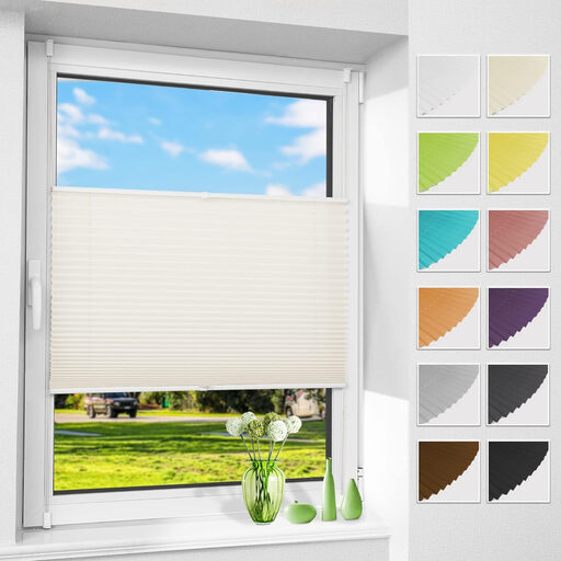 Allesin Pleated Blind 90x100cm Beige - No-Drill Clamp/Stick Mount, Light Filtering 1 Piece
