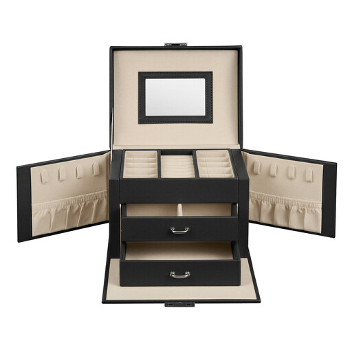JOYFURNOS Travel Jewellery Storage Case with Mirror, 2 Drawers, Lockable, Gift Idea, Black