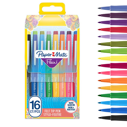 Paper Mate Flair Fibre-Tip Markers | Leak-Resistant Colouring Markers, Medium Tip (0.7 mm) | Ideal for Writing & Colouring (Adults & Children) | Assorted Colours | Pack of 16