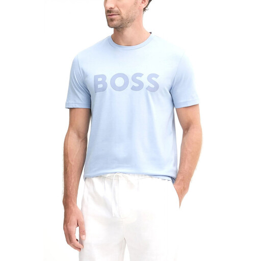 Boss Cotton-Jersey T-Shirt with Large Logo Print - Light/Pastel Blue