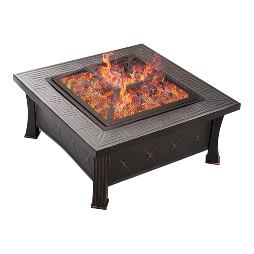 Fire Bowl with Grill Grate and Spark Protection, 3-in-1 Outdoor Square Fire Pit with Cover, for Patio Heating, Garden, BBQ, Camping, 81 x 81 x 51 cm