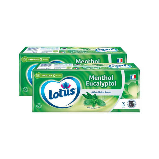 LOTUS Facial Tissues Menthol & Eucalyptol, 30 Cases, 270 Tissues (2 Packs of 15)