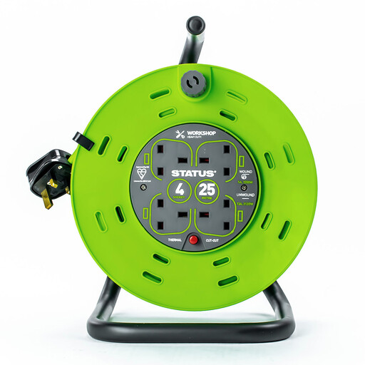 STATUS Cable Reel 4 Sockets Thermal Cut Out 13Amp 25 Metres - Green