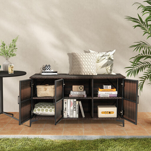 Costway 318 L Patio Wicker Storage Cabinet Deck Box with Removable Shelves-Brown