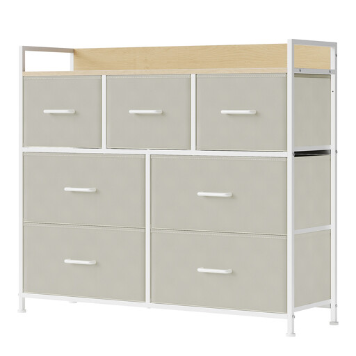 Commode JOYFURNOS 7 tiroirs, Blanc et Beige