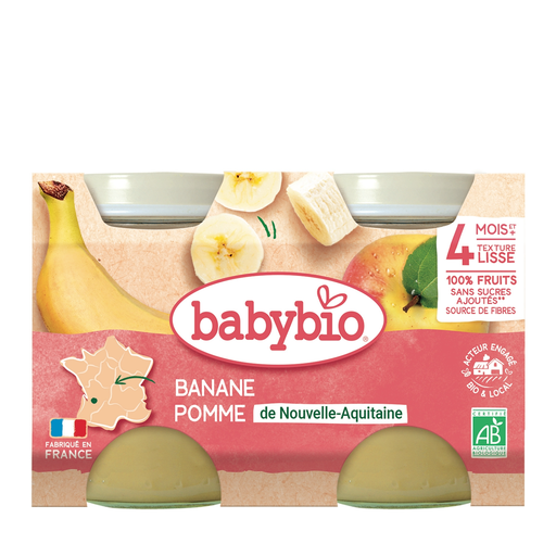 BABYBIO organic apple and banana purée, two 130 g pots, from 4 months