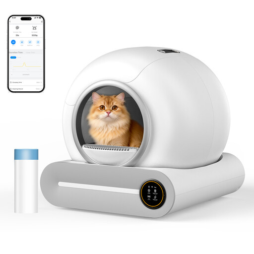 A sleek, white, cube-shaped smart automatic cat litter box.