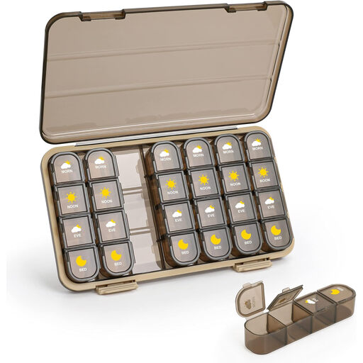 A brown weekly pill organiser with removable daily sections