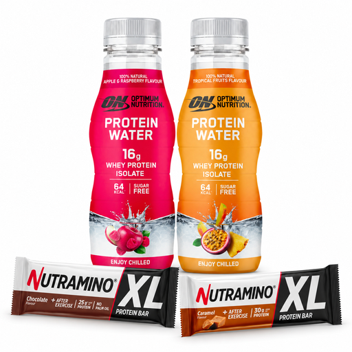 Assortiment Optimum Nutrition Protein Water et barres protéinées Nutramino XL