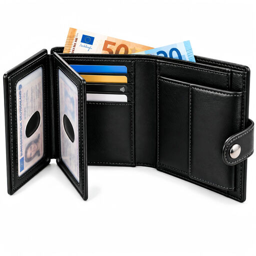 Men's Wallet with 13 Card Slots, Note and Coin Compartment, Slim Wallet for ID and Cash, Black Black