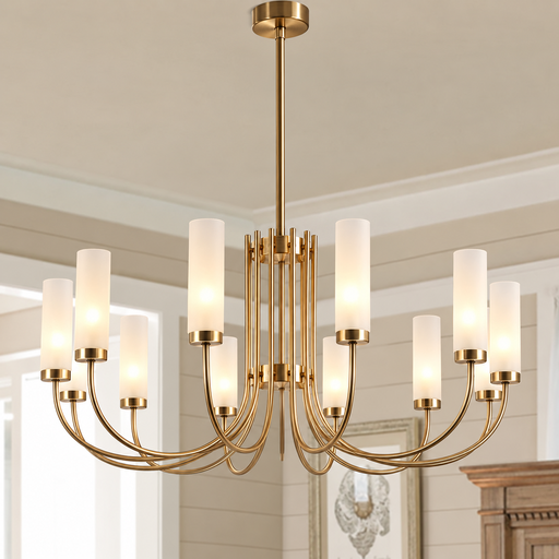 White Candle Chandelier, Gold Metal G9 Pendant Light with Frosted Tube Shades for Dining Room Living Room Bedroom Decor 12 Lights
