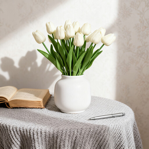 Wei's Moment 7Pcs Artificial Tulips Flowers Fake Flowers Latex Tulips Real Touch for Party Home Wedding Decoration and DIY Decor, Multicolor Milky white