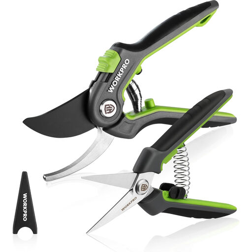 WORKPRO Garden Shears Set of 2, 210 mm SK5 Bypass Pruning Shears for Fresh Branches, 160 mm Harvest Shears Picking Scissors for Flower and Fruit