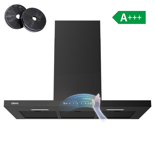 Ciarra 90cm Wall Mounted Cooker Hood, Ultra-Slim 40mm Panel Black Glass Design, Wave & Touch Control, 650m?/h, A+++ Energy, Ducted & Recirculation CRGCB9102-SLIM