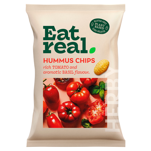 A bag of Eat Real Tomato & Basil Hummus Chips