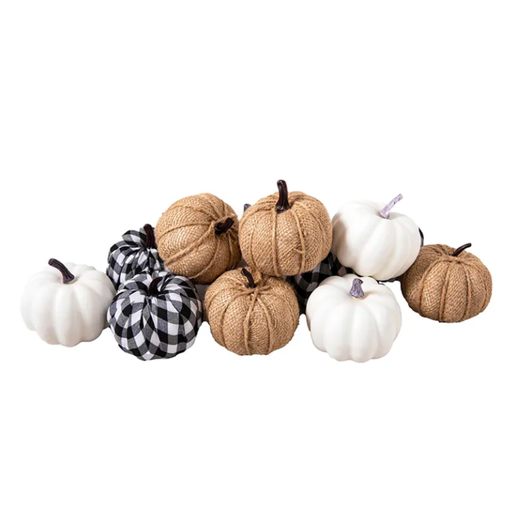 Marrybox Fall Decorative Pumpkins Plush Navy/Hessian/White 12pcs