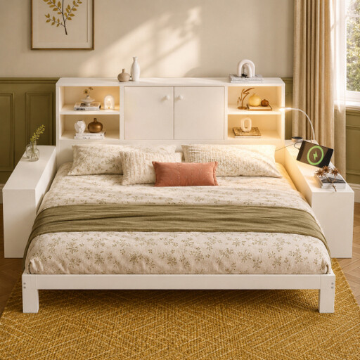 White daybed with trundle function, USB ports, and storage