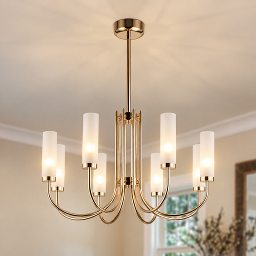 White Candle Chandelier, Gold Metal G9 Pendant Light with Frosted Tube Shades for Dining Room Living Room Bedroom Decor 8 Lights